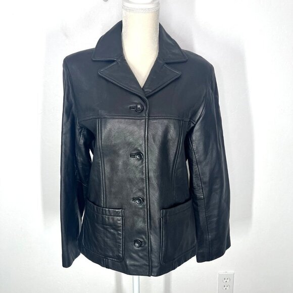 Vintage Jones New York Leather Button down Blazer Jacket Black Size S pockets - Picture 5 of 11